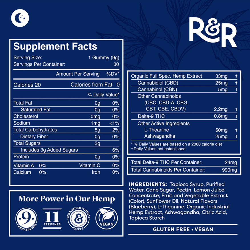 R&R Melatonin Free CBD Sleep Gummies | 750MG | 30 count jar